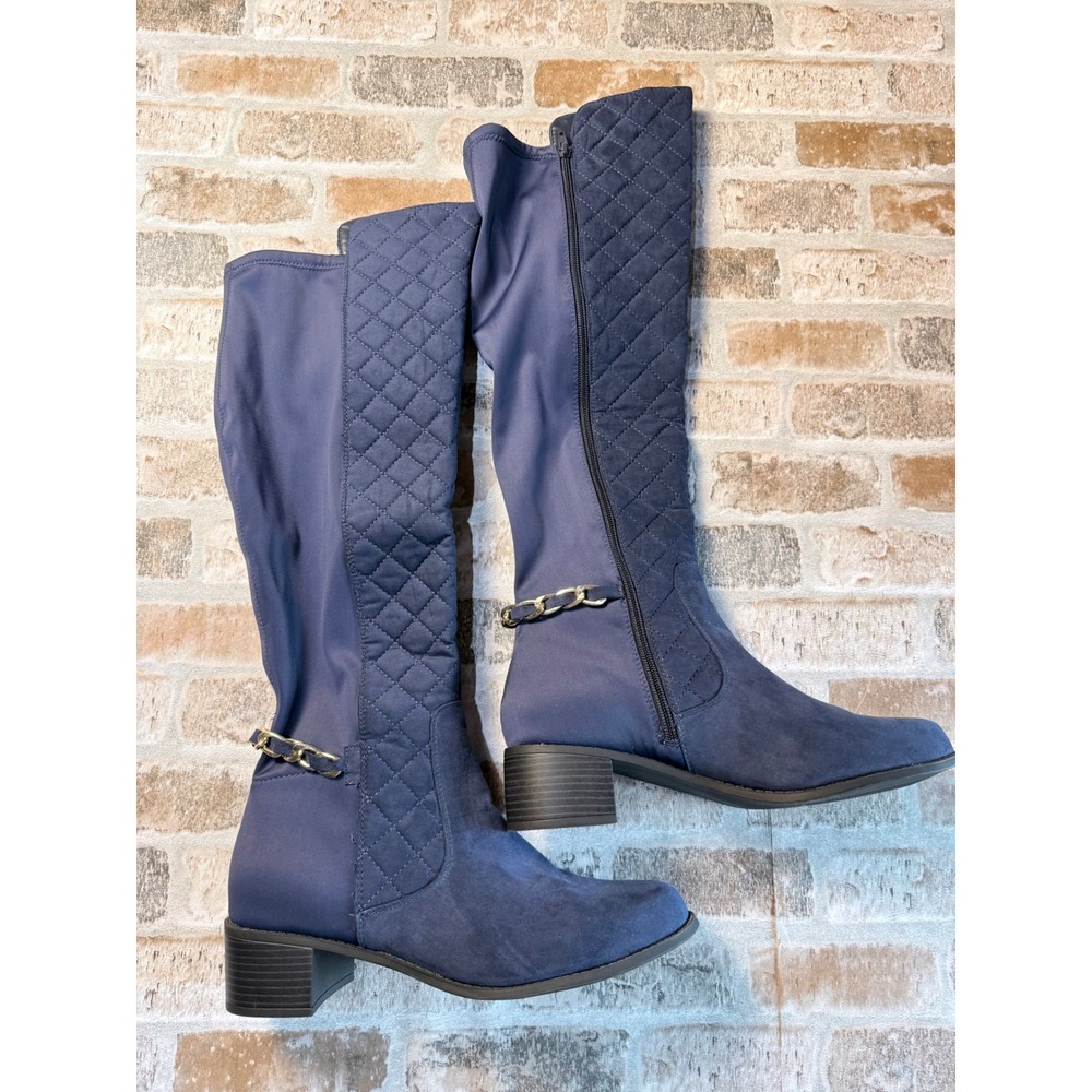 JF Argo Navy Blue Quilted Tall‎ Boots Gold Chain Knee High Block Heel Womens 11